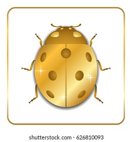 Ladybug gold insect small icon. Golden lady bug animal sign, isolated on white background. 3d volume ladybird design. Cartoon lady bird beetle. Vector illustration