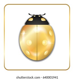 Ladybug gold insect small icon. Golden lady bug animal sign, isolated on white background. 3d volume design. Cute ladybird. Cartoon lady bird beetle. Vector illustration