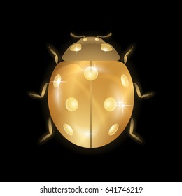 Ladybug gold insect small icon. Golden metal lady bug animal sign, isolated on black background. 3d design. Cute ladybird. Lady bird beetle. Vector illustration