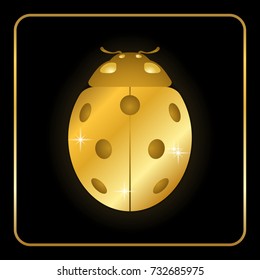 Ladybug gold insect small icon. Golden metal lady bug animal sign, isolated on black background. 3d volume design. Cute ladybird. Lady bird beetle. Vector illustration