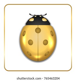 Ladybug gold insect small icon. Golden sign, isolated on white background. 3d volume design. Vector illustration