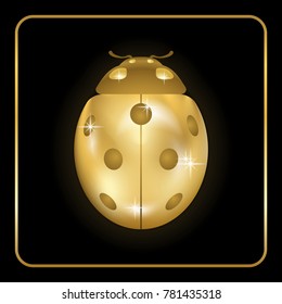 Ladybug gold insect small icon. Golden metal lady bug animal sign, isolated on black background. 3d volume bright design. Cute shiny jewelry ladybird. Lady bird closeup beetle. Vector illustration