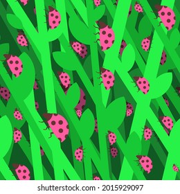 Ladybug in grass pattern seamless. Red small bug background. beetle vector texture