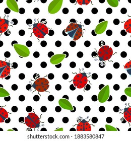 Ladybug gray blue and red with green leaves, over large black polka dots and white background, flat vector illustration seamless pattern.