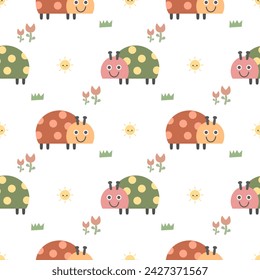 Ladybug green and red cartoon so cute. On flower sun grass white background. Pattern seamless vector illustration. 