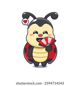 ladybug with hand fan. mascot cartoon character vector illustration. design element for poster, brochure, web, mascot, sticker, logo and icon.