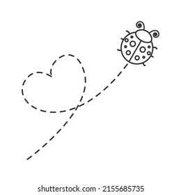Buitre con forma cardíaca. Cute ladybird con una ruta de línea de puntos. Ilustración vectorial aislada en blanco.