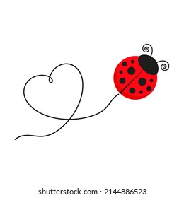 Ladybug with heart shape line. Cute ladybird with line route. Vector illustration isolated on white.