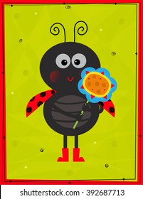 ladybug Holding Flower - Cute ladybug with a flower in front of a decorative green background with red frame. Eps10