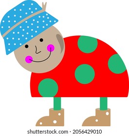 Ladybug with a human face. Blue hat with polka dots.
