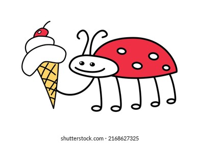 Ladybug with ice cream in soft serve wafer cone isolated on white summer vibes mood funny cute cartoon colored doodle vector illustration. Design clipart element. Simple line art outline icon or logo.