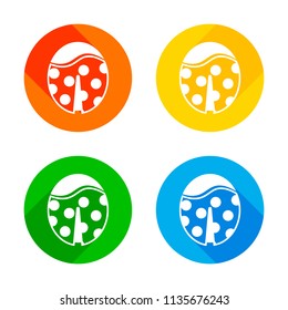 Ladybug icon. Flat white icon on colored circles background. Four different long shadows in each corners