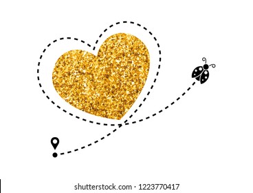 Ladybug icon with heart shaped dotted path line and golden glitter heart