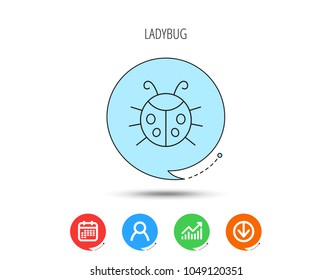 Ladybug icon. Ladybird insect sign. Flying beetle bug symbol. Calendar, User and Business Chart, Download arrow icons. Speech bubbles with flat signs. Vector