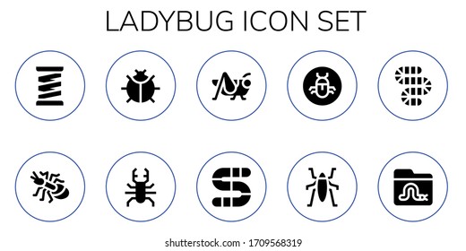 ladybug icon set. 10 filled ladybug icons. Included Spring, Ant, Ladybug, Beetle, Grasshopper, Worm, Bug, Insect icons