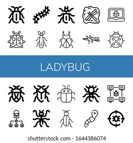 ladybug icon set. Collection of Beetle, Ladybug, Scolopendra, Stonefly, Insect, Grasshopper, Bug, Mantis, Pheidole, Worm, Anti bug icons