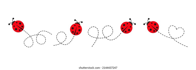 Ladybug icon set. Ladybirds flying on dotted route. Vector isolated on white.