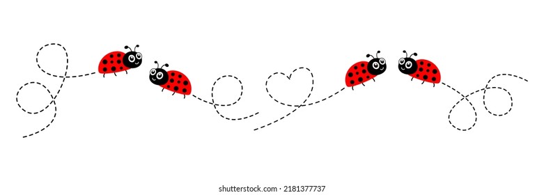 Ladybug icon set. Ladybirds flying on dotted route. Vector isolated on white.	