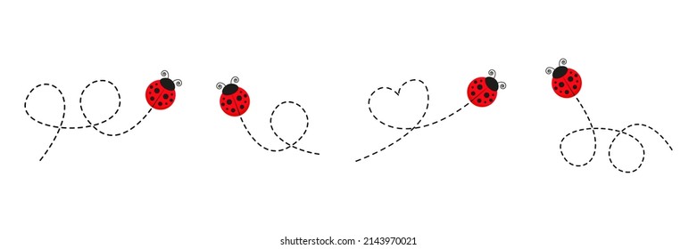 Ladybug icon set. Ladybugs flying on dotted route. Ladybirds with open wings. Vector isolated on white.