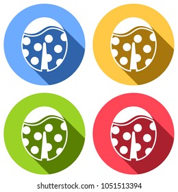 Ladybug icon. Set of white icons with long shadow on blue, orange, green and red colored circles. Sticker style