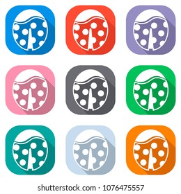 Ladybug icon. Set of white icons on colored squares for applicat