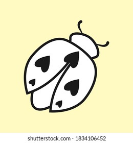 Ladybug icon. White color fill, Flat graphic illustration. Cartoon shape of popular insect, black line contour, heart dots. Symbol of good luck. Vector 