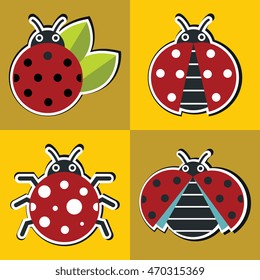 Ladybug icons with black shadow in flat style on yellow background. Vector illustration