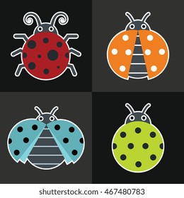 Ladybug icons on black background. Ladybug with color wings. Vector illustration