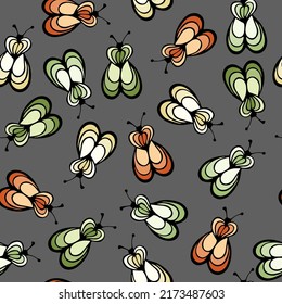 Ladybug Insektenkartoon Illustration Vektornahtloses Muster. Stoffdruck aus Babytuch. Honigbiene abstrakt wiederholt Sommermuster. Kinder zeichnen hübsches Design.