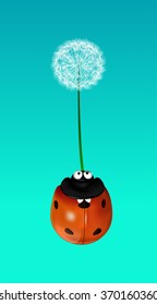 Ladybug. Insect flying on a dandelion. Blue sky. Vector