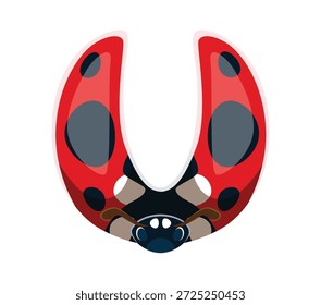 Ladybug insect font typeset cartoon letter U. Spring ladybug beetle typeset symbol, garden lady bug type vector sign. Cute ladybird kids ABC font letter or red insect cartoon typeface element