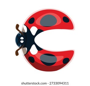 Ladybug insecto fuente typeset letra de dibujos animados C. Garden lady bug letra tipográfica, primavera mariquita escarabajo alfabeto inglés typeset elemento de Vector. Símbolo lindo del tipo de la historieta del insecto o muestra roja de la fuente de la mariquita