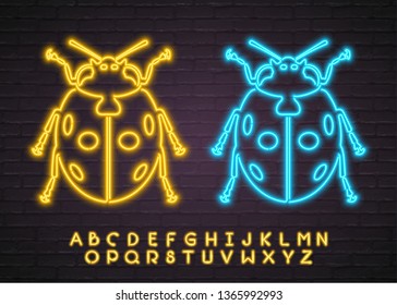 Ladybug Insect Icon Set Neon Light Glowing Vector Illustration Yellow and Blue Bright Glowing