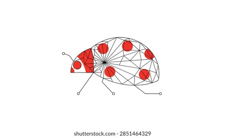 Ladybug insect illustrated in a low poly geometric wireframe design with bright red spots, combining technology and nature themes.