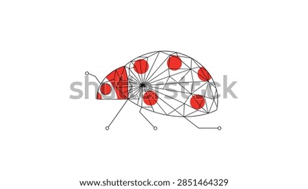 Ladybug insect illustrated in a low poly geometric wireframe design with bright red spots, combining technology and nature themes.