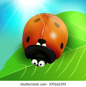 Ladybug. Insect on the leaf. Blue sky. Rays of light. Vector