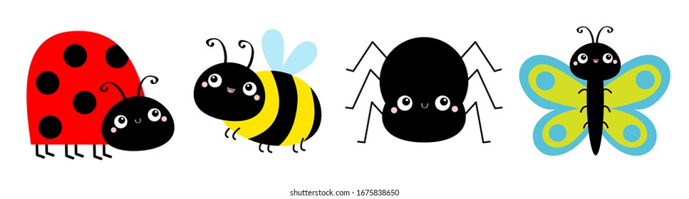 Ladybug ladybird, bee bumblebee, butterfly, spider, lady bug. Insect set line. Cute cartoon kawaii baby animal character. Flat design. White background. Isolated. Vector illustration