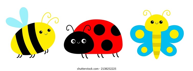 Ladybug Ladybird, Bee Bumblebee, Butterfly, Lady Bug. Insect Set Line. Cute Cartoon Funny Kawaii Baby Animal Character. Flat Design. White Background. Isolated. Vector Illustration