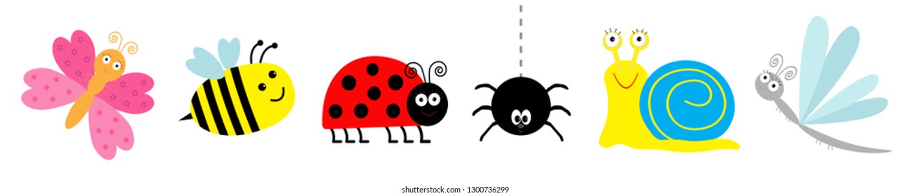 Ladybug, ladybird, bee, dragonfly butterfly, spider snail. Cute cartoon kawaii funny insect set line. White background. Isolated. Vector illustration