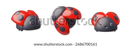Ladybug or ladybird different sides view realistic 3D plastic style icons set. Cartoon cute red beetle insect with black dots pattern on the wings. Beautiful wild insect. Good luck vector symbol