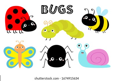 Pájaro de cochinillo, oruga verde, araña de mariposa, abeja de buñuelos, snai, escarabajo. Conjunto de insectos. Caricatura educada kawaii, personaje de un animal bebé. Diseño plano. Fondo blanco. Aislado. Vector