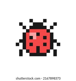 Ladybug Or Ladybird Icon In Pixel Art Design Isolated On White Background, Bug Vector Sign Symbol