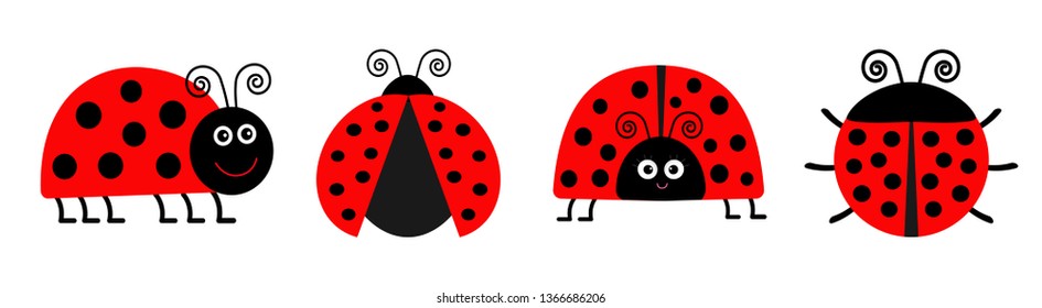 Ladybug Ladybird icon set line. Funny insect. Cute cartoon kawaii funny character. Flat design. White background. Isolated. Vector illustration