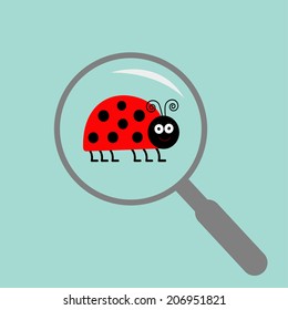 Ladybug ladybird  insect under magnifier zoom lense. Flat design. Vector illustration