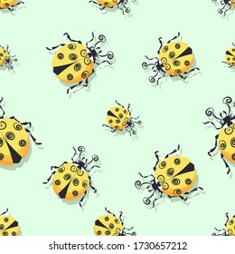 Ladybug, ladybird. Pattern. Vector cartoon character. Cute yellow ladybugs on a light green background. 