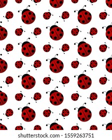 Ladybug or ladybird seamless pattern, realistic red and black beetle for logo, ecology poster, summer or spring poster, seasonal poster, floral pattern, t-shirt print. Vector cartoon illustration