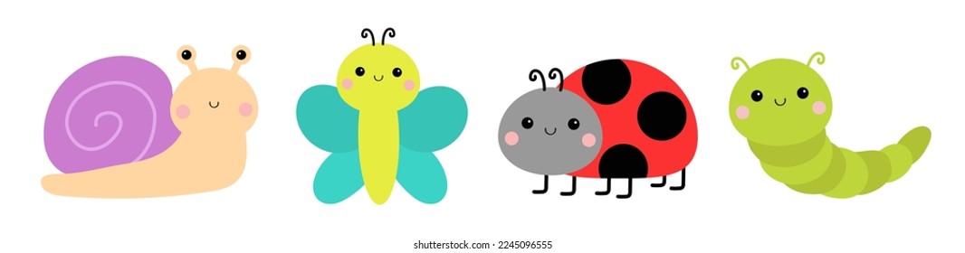 Ladybug ladybird, snail, butterfly, lady bug, caterpillar catapillar. Insect set line. Cute cartoon funny kawaii baby animal character. Flat design. White background. Isolated. Vector