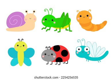 Ladybug ladybird, snail, butterfly, lady bug, caterpillar catapillar. Insect set line. Cute cartoon funny kawaii baby animal character. Flat design. White background. Isolated. Vector