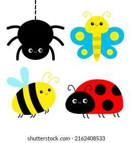 Pájaro de costilla, araña, abeja, mariposa, chicha. Línea de juego de insectos. Cute caricatura kawaii divertido personaje de un animal bebé. Diseño plano. Aislado. Fondo blanco. 