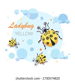 Ladybug, ladybird. Vector cartoon character. Emblem. Cute yellow ladybugs on a background of the sky with clouds. 